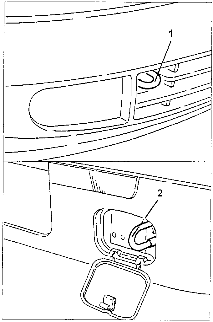 Front tow ring (1) on the bumper and the rear tow ring (2) behind its door