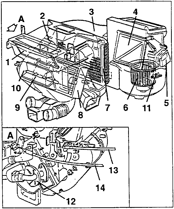 Ducting system and heater-distributor unit with numbered components, and detail A of the control cables