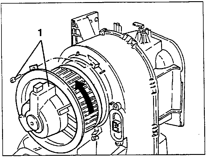 Electric fan with fastening screw (1) and arrow showing the direction to turn it