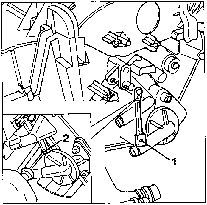 Control tie-rod (1) for the coolant radiator inlet tap, with inset detail (2)