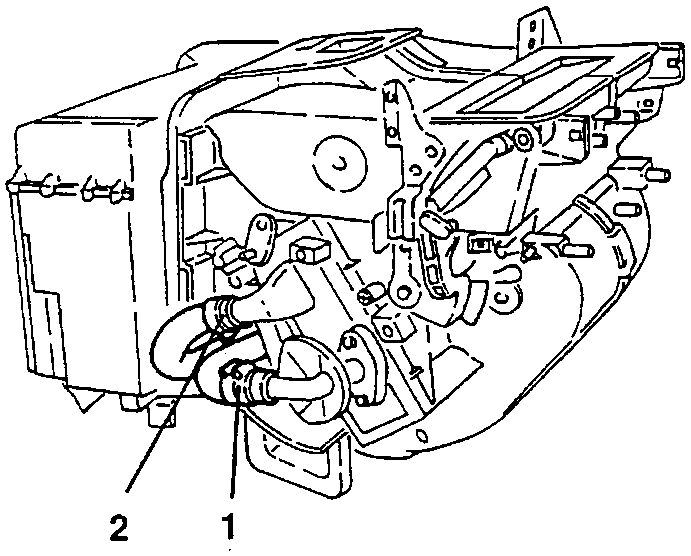 Coolant fluid inlet pipe (1) and outlet pipe (2) at the heater radiator tap