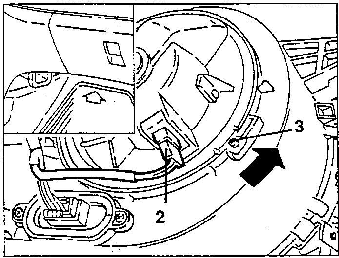 Electrical connection of the fan (2) and fan fastening screw (3), with arrow showing the direction to turn the fan