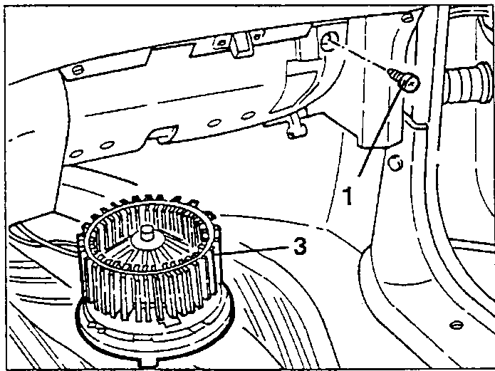 Lower dashboard fastening screw (1) and the fan (3)