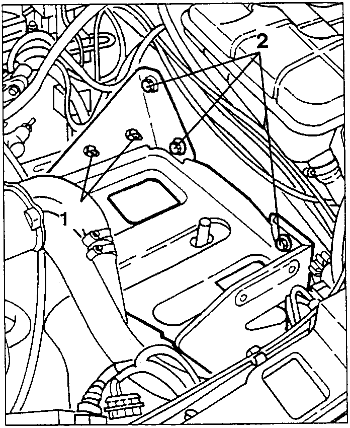 Glow plug control unit support bracket nuts (1) and battery support fastening screws (2)