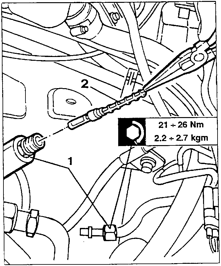 Intermediate union (1) of the fluid delivery pipe and the expansion valve (2), tightening torque 21 ÷ 26 Nm