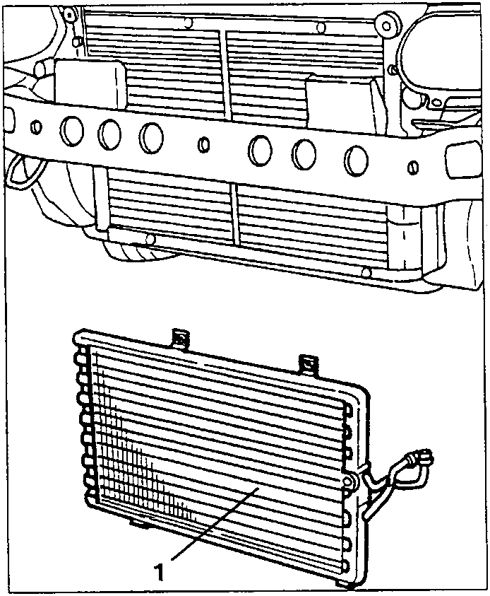 Condenser (1) being removed downwards from the front of the car