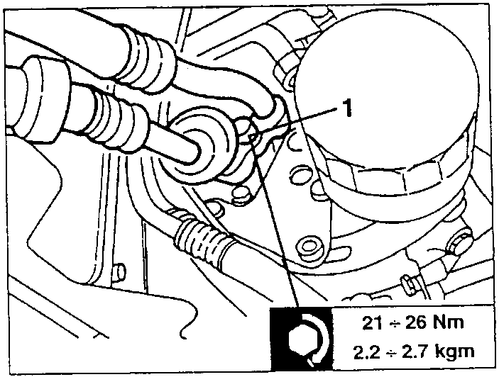 Fastening screw of the two freon pipes at the compressor, tightening torque 21 ÷ 26 Nm (2.2 ÷ 2.7 kgm)