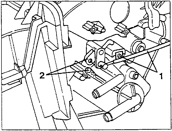 Mixing port control cable (1) and fluid inlet cock control rod (2)