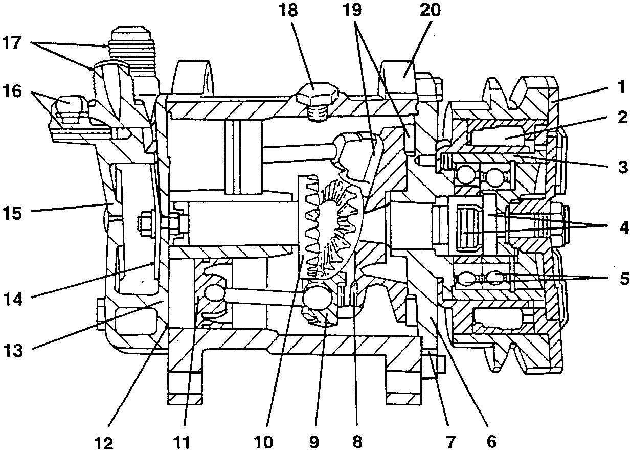 Cutaway view of the SANDEN compressor with callouts 1 to 20