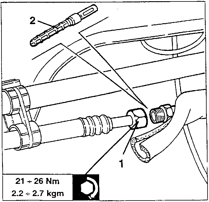 Intermediate union of the freon delivery pipe (1) and the expansion valve (2), tightening torque 21 ÷ 26 Nm (2.2 ÷ 2.7 kgm)