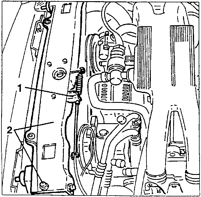 Bonnet lock opening cable (1) and fastening screws of the upper radiator crossrail (2)