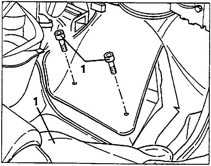 Floor area with the two control unit cover fastening screws marked 1