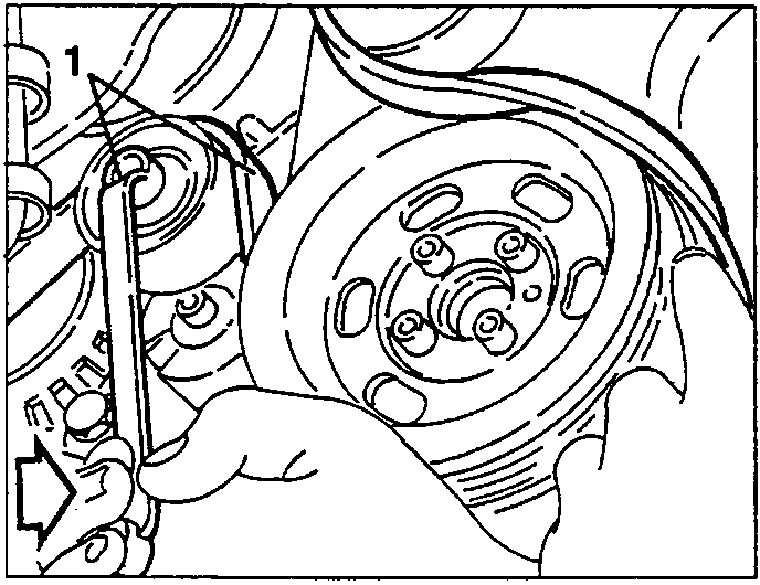 Slackening the auxiliary components drive belt tension at the guide pulley, marked 1