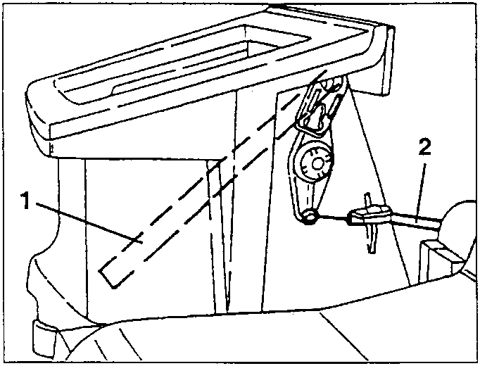 Heater unit with the outside air/recirculation flap marked 1 and its control cable marked 2