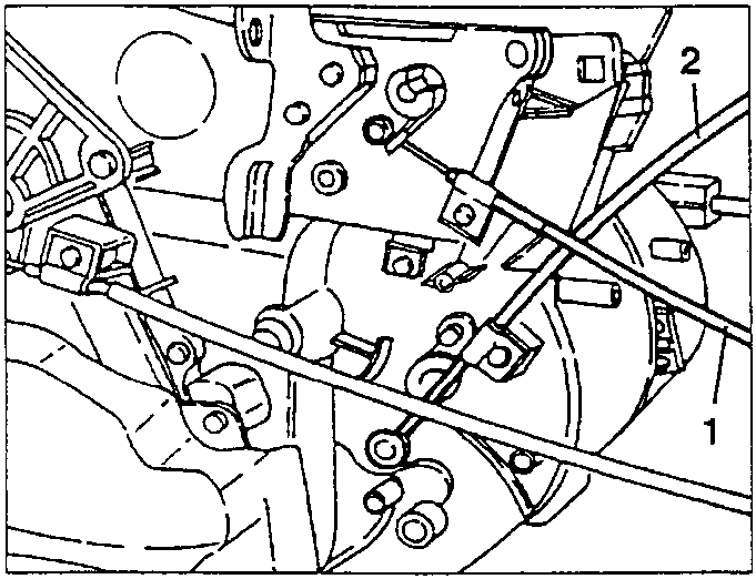 The two air flow flap control cables, marked 1 and 2