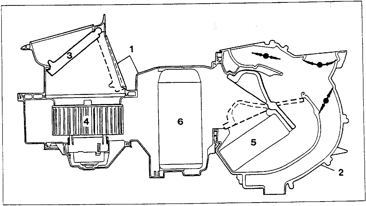 Cross section of the duct (1) and heater distributor unit (2) showing the flap (3), fan (4), heater radiator (5) and evaporator (6)