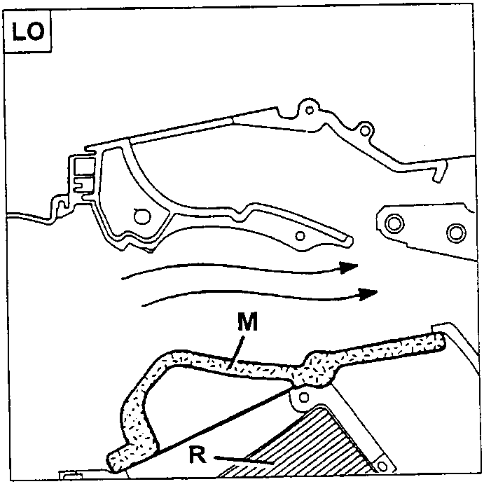 Mixing port (M) in the LO position, with the heater radiator (R)