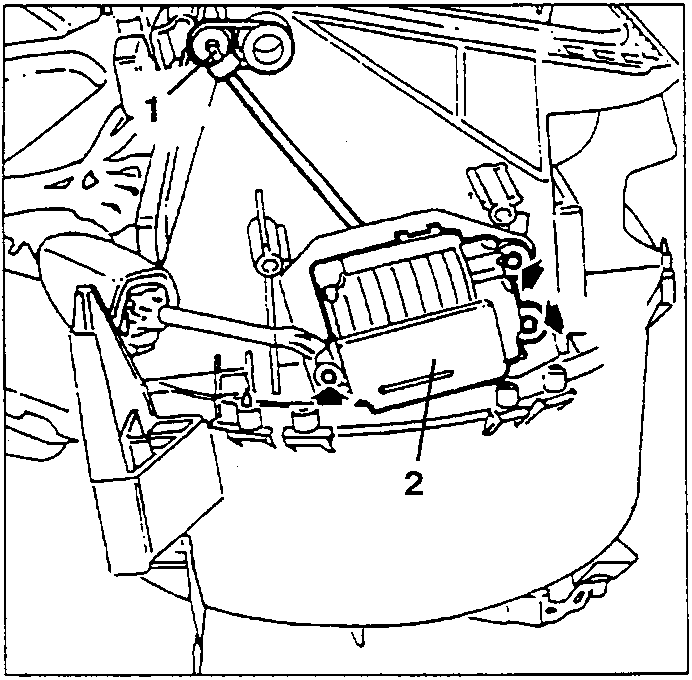 Recirculation/outside air control motor, items 1 and 2