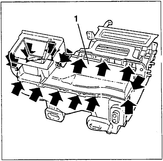 Upper half box of the climate control group with fastening screws arrowed, item 1