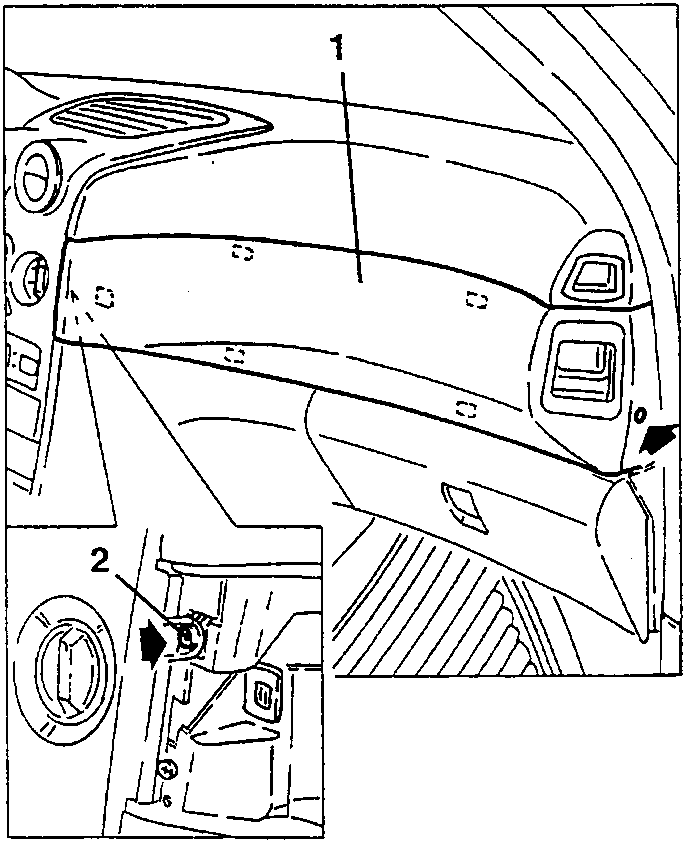 Passenger side dashboard trim (1) and controls module fastening screw (2)