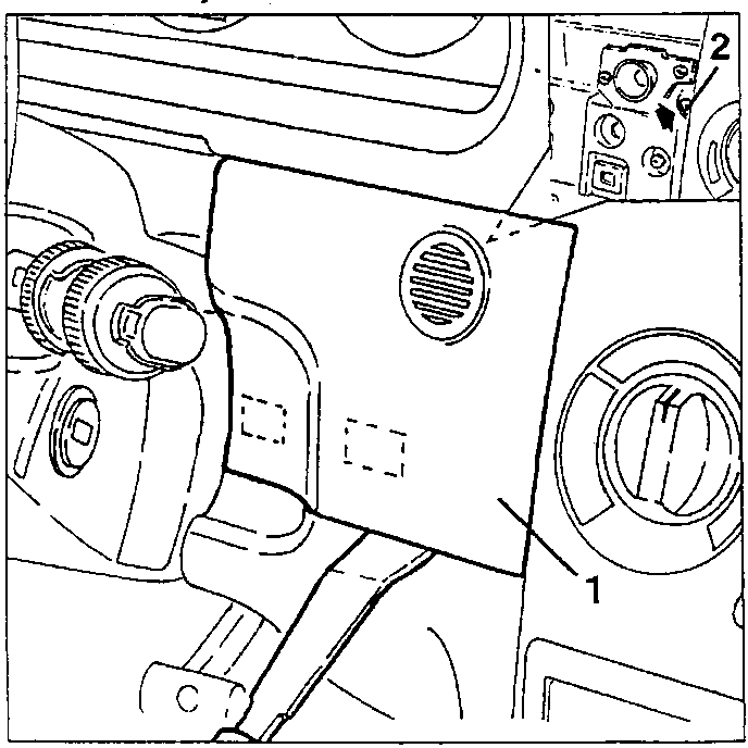 Driver's side dashboard trim (1) and controls module fastening screw (2)