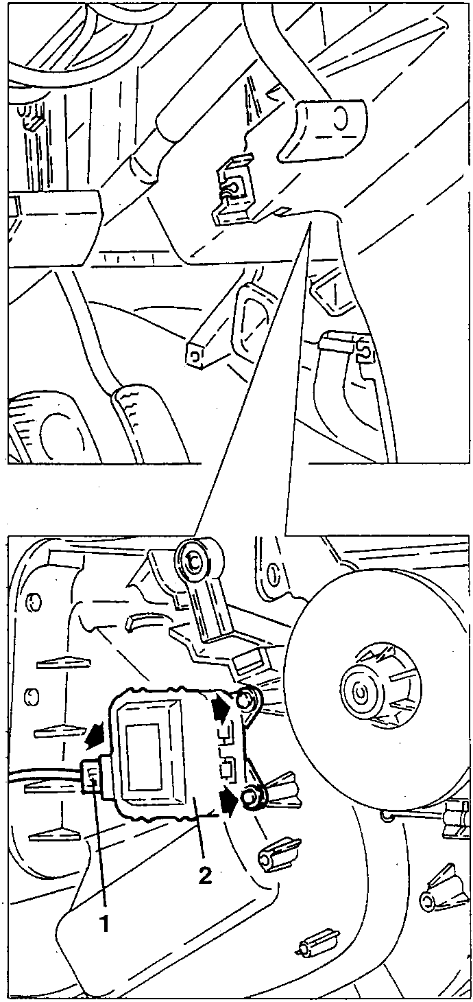 Air mixing port control motor with its connection (1) and fastening screws (2)
