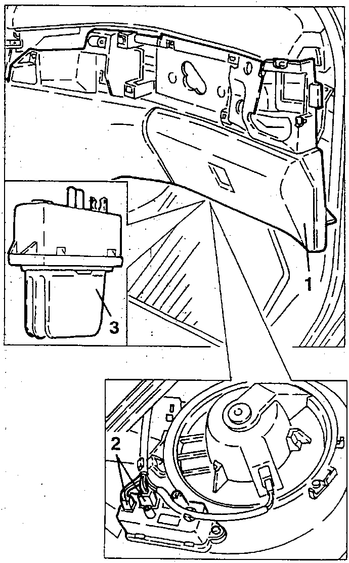 Electronic fan speed regulator (3), its connections (2) and the lower part of the dashboard (1)