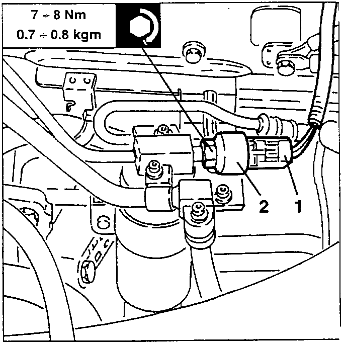 Four-level pressure switch (1) and pipe fitting (2); torque 7 ÷ 8 Nm (0.7 ÷ 0.8 kgm)