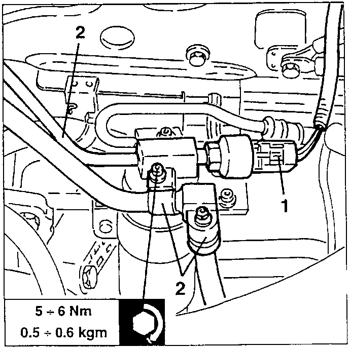 Four-level pressure switch (1) and stiff pipe fittings (2); fastening screw torque 5 ÷ 6 Nm (0.5 ÷ 0.6 kgm)