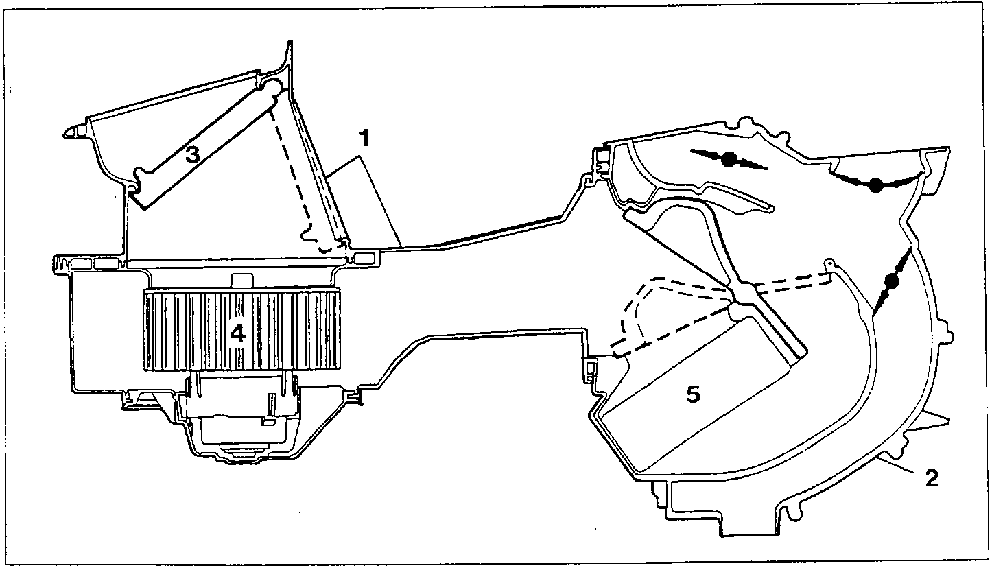 Cross-section of the duct (1), heater distributor unit (2), flap (3), fan (4) and heater radiator (5)