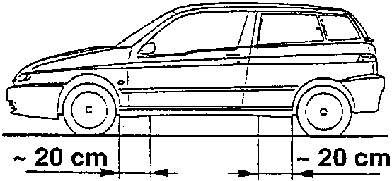 Side view of the car showing the lifting points, about 20 cm from each wheel