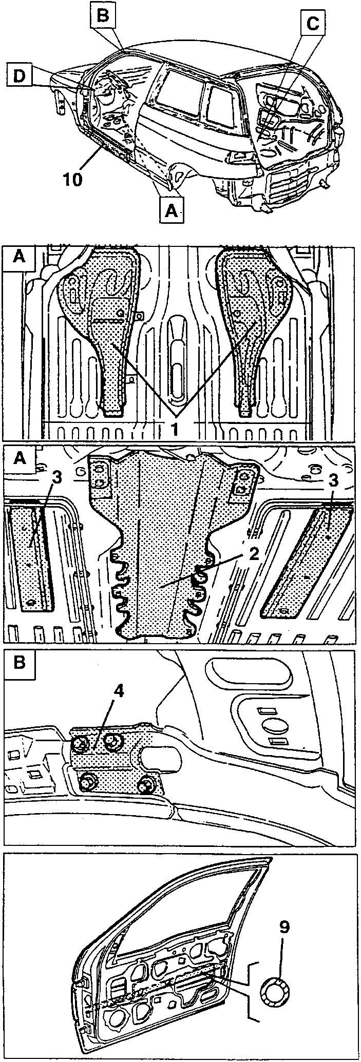 Body structure with reinforcing parts shown in detail views A, B, C and D (numbered parts 1 to 10)