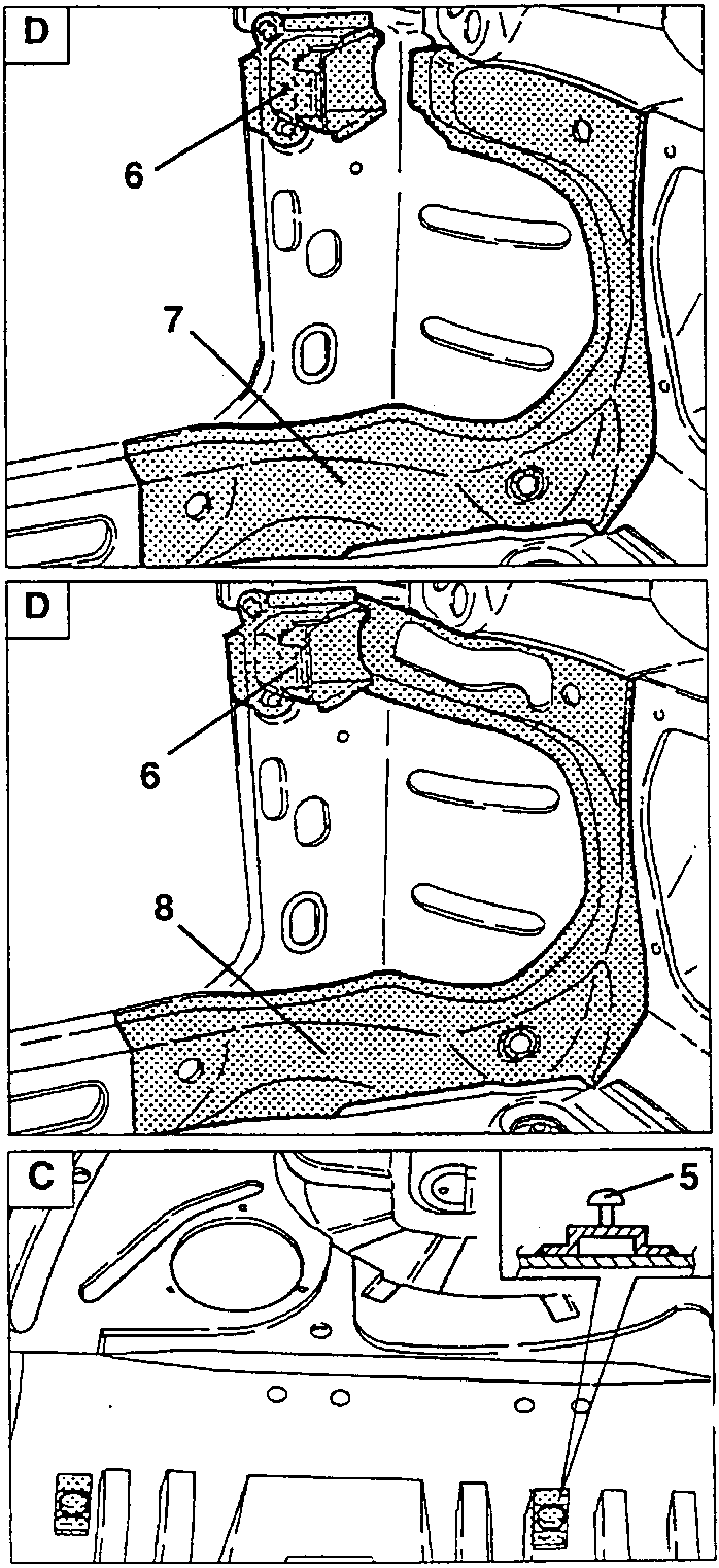 Detail views D (struts 7 and 8 with support 6) and C (rear seat cushion retaining hook 5)