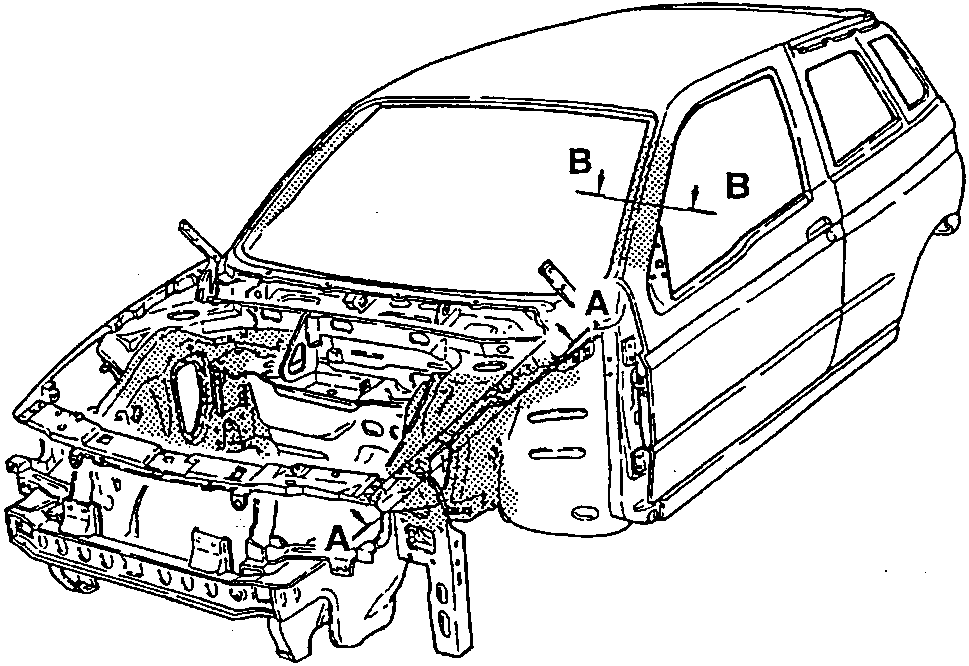 Front of the body showing the foam treatment areas, with section lines A and B