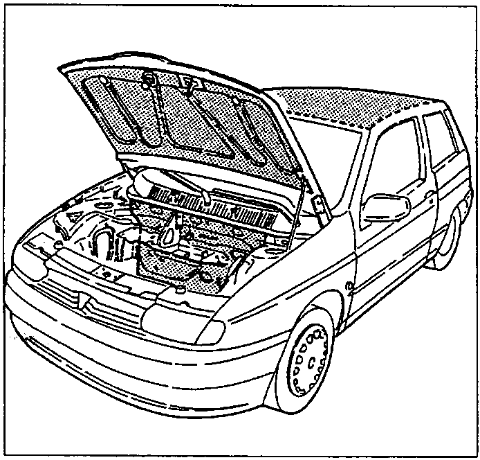 Front of the car with the bonnet open showing the sound-absorbing panels