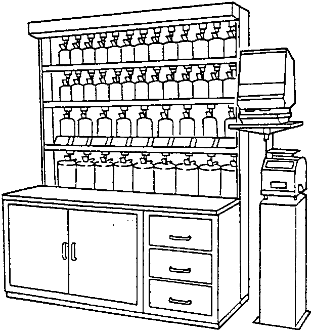 Paint mixing unit with shelves of paint containers and a cabinet
