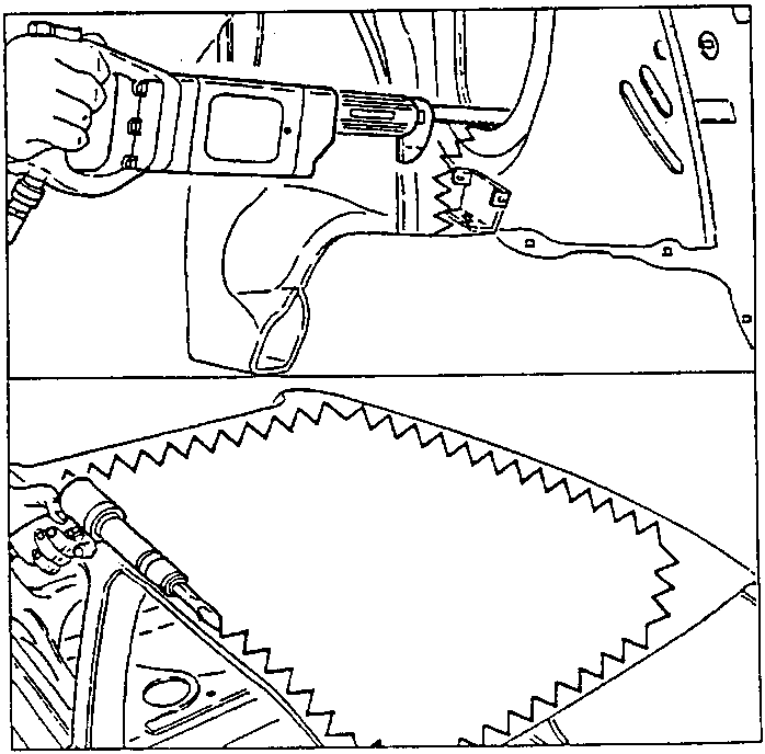 Cutting with a pneumatic saw and with a cutting torch on a body panel