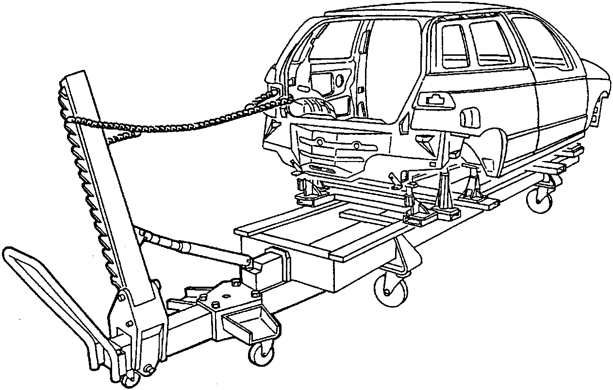 Body mounted on a frame straightening bench and pulled with a tension chain