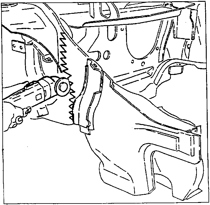 Cutting away a damaged panel with a pneumatic saw
