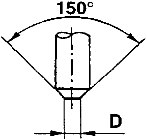 Diagram showing electrode tip with 150° angle and dimensions D and t.