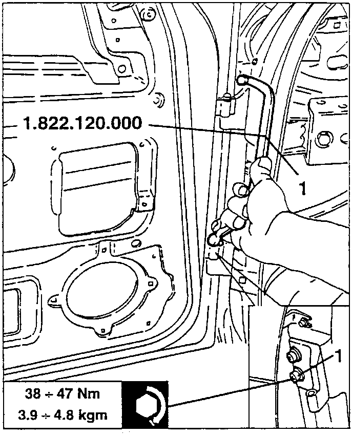 Illustration showing a hand using tool 1.822.120.000 to loosen screws on a car door hinge.