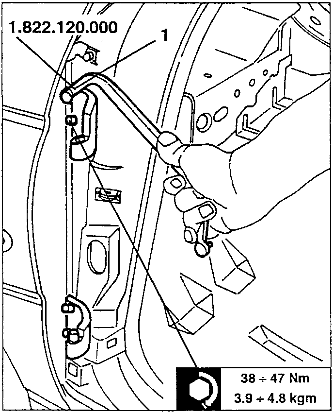 Illustration showing a hand using tool 1.822.120.000 to loosen screws on a car door hinge.