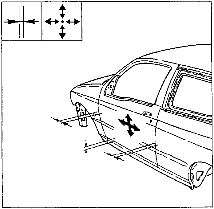 Illustration showing a car with arrows indicating adjustment points for the door and hinges.