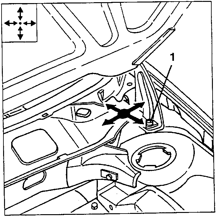 Hinge-to-body screw (1) for longitudinal and lateral bonnet adjustment