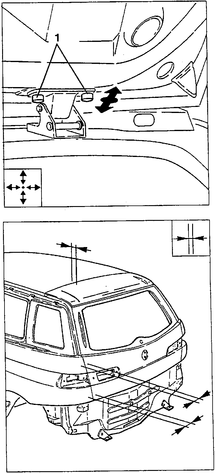 Hinge screws (1) for longitudinal boot adjustment, and the gaps to be checked at the rear of the car