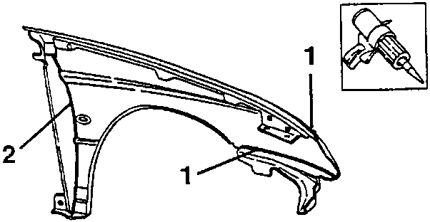 Front wing showing the lines (1) and (2) where sealant is applied