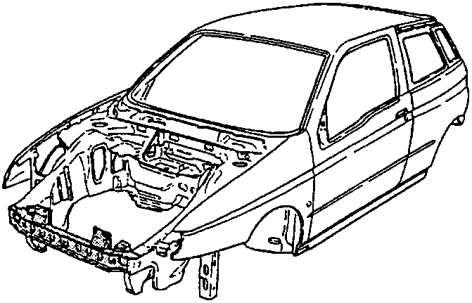 Car body with the front crossmember area exposed