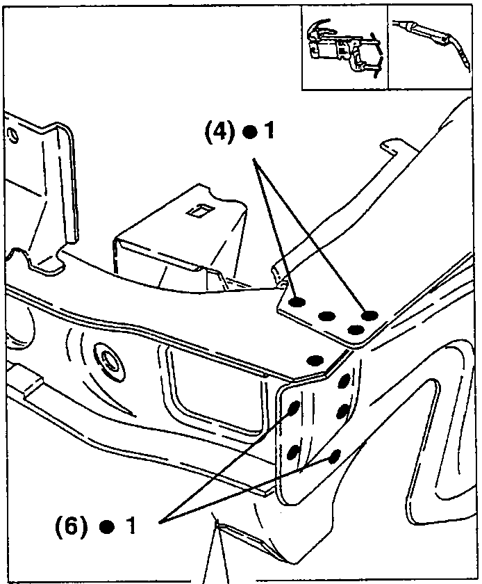 Weld points on the front crossmember: (4) and (6) points at 1