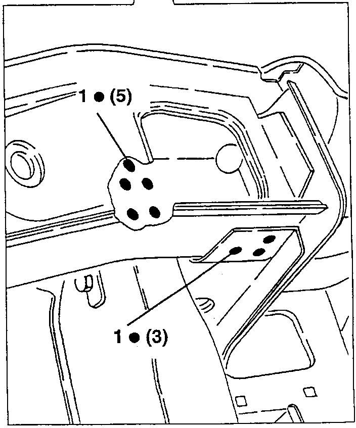 Weld points on the front crossmember: (5) and (3) points at 1