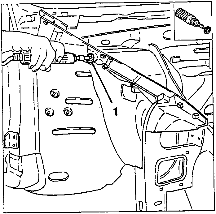 Cleaning the upper panel welding points (1) with a rotating brush